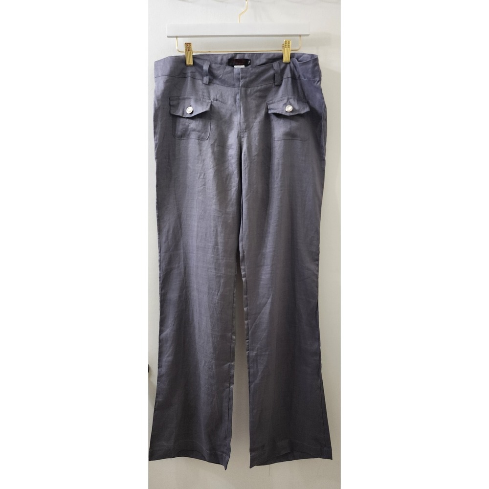 Esmoda U.S.A. Womens Grey 100% Linen Wide Leg Flap Pocket Trousers Size Medium